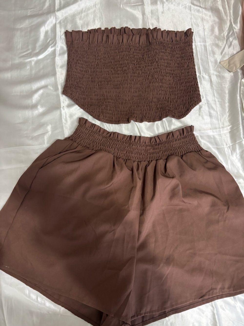 Smocked Tube Top & High-Waist Shorts Set - Brown